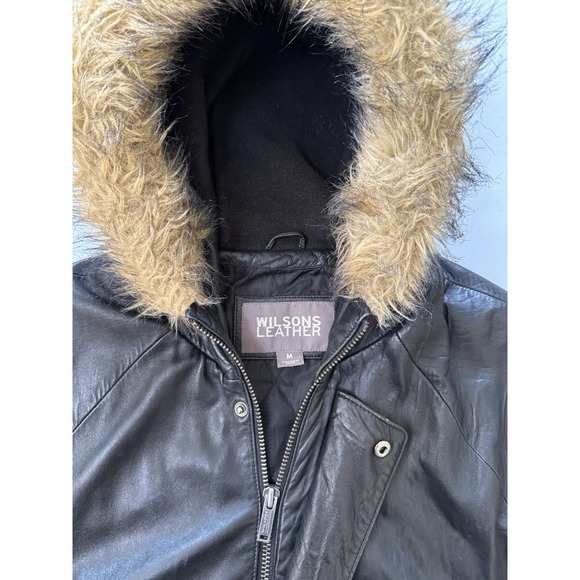 Vintage Wilsons Black Leather Coat Mens Medium Hooded Faux Fur Trim Quilted Y2K - Picture 2 of 13